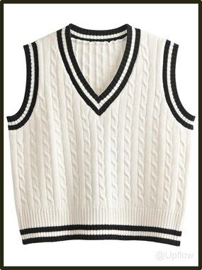 Women's Sleeveless Knit Crop Sweater Vest V-Neck Preppy Y2K Plaid Argyle White